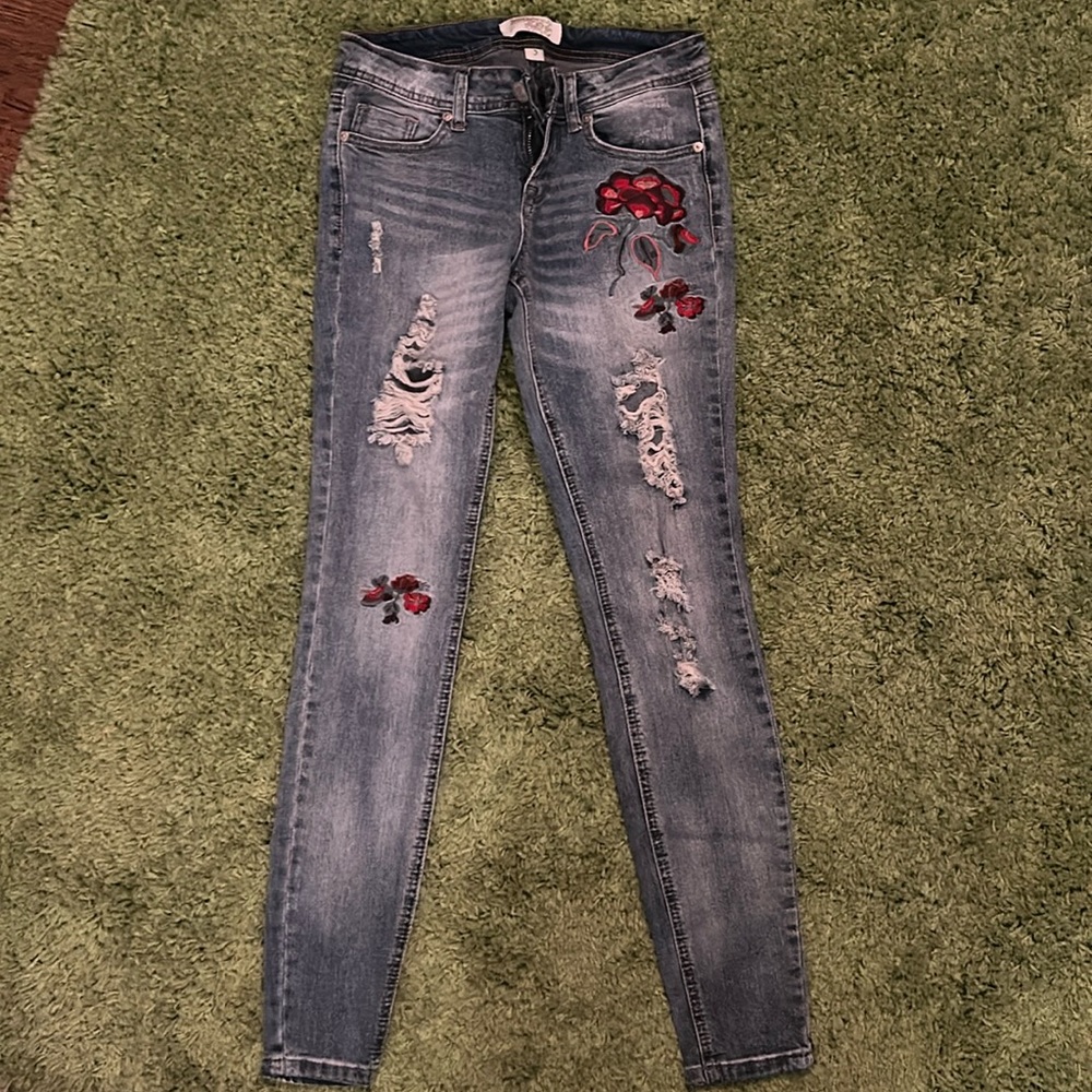 Harmony and Havoc Floral Embroidered Distressed Jeans